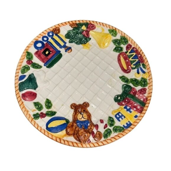 Vintage Ceramic Christmas Plate With Toy & Bear Design - Picture 3 of 4
